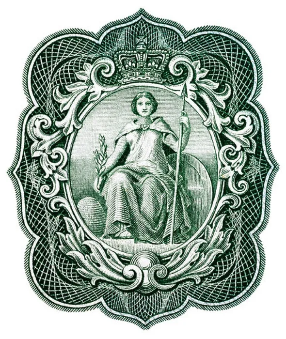 Framed Print : Seated Britannia from 1 Pound banknote, UK, 1955 Framed Print : Seated Britannia from 1 Pound banknote, UK, 1955