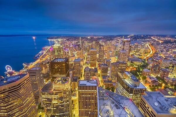 Seattle, Washington, USA aerial downtown skyline at twilight
