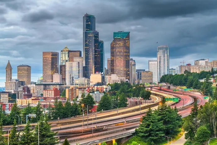 Framed Print : Seattle, Washington, USA downtown city skyline over highways at dusk Framed Print : Seattle, Washington, USA downtown city skyline over highways at dusk