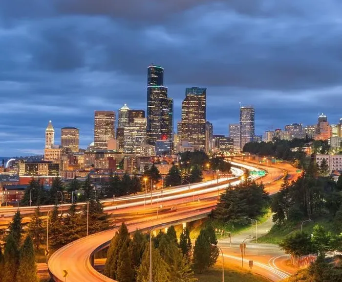 Framed Print : Seattle, Washington, USA downtown city skyline over highways at dusk Framed Print : Seattle, Washington, USA downtown city skyline over highways at dusk