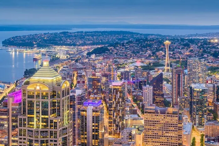 Framed Print : Seattle, Washington, USA downtown skyline from above at dusk