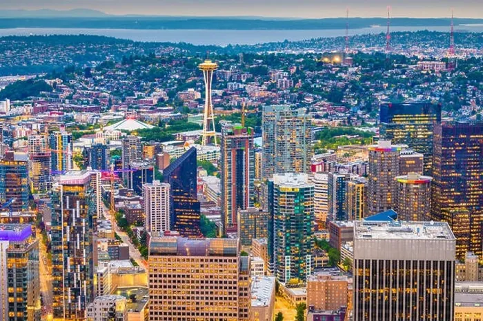 Framed Print : Seattle, Washington, USA downtown skyline from above at dusk Framed Print : Seattle, Washington, USA downtown skyline from above at dusk