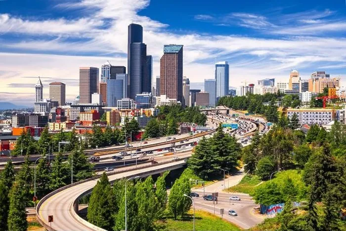 Framed Print : Seattle, Washington, USA downtown skyline and highways in the afternoon Framed Print : Seattle, Washington, USA downtown skyline and highways in the afternoon