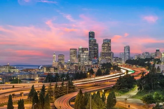 Framed Print : Seattle, Washington, USA downtown skyline and highways at dusk Framed Print : Seattle, Washington, USA downtown skyline and highways at dusk