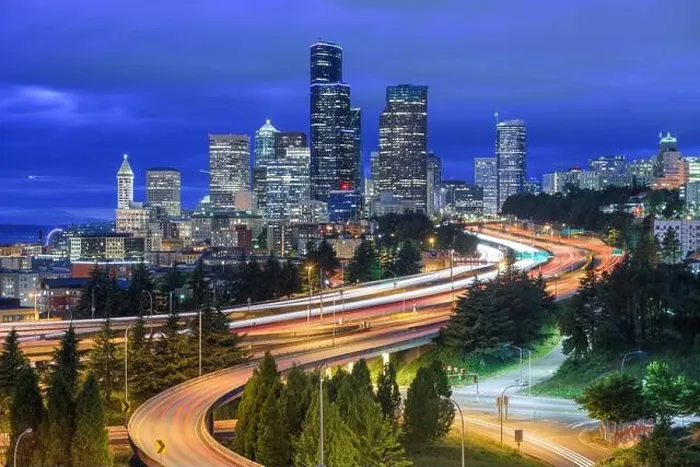 Framed Print : Seattle, Washington, USA downtown skyline and highways at dusk Framed Print : Seattle, Washington, USA downtown skyline and highways at dusk
