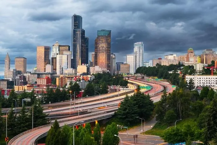 Framed Print : Seattle, Washington, USA downtown skyline and highways at dusk Framed Print : Seattle, Washington, USA downtown skyline and highways at dusk