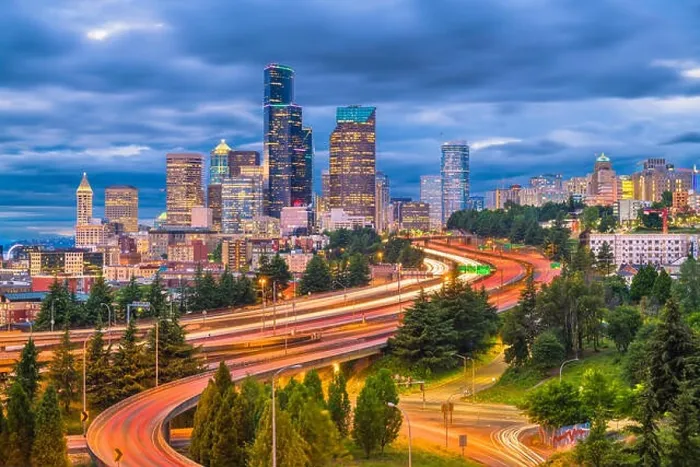 Framed Print : Seattle, Washington, USA downtown skyline and highways at dusk Framed Print : Seattle, Washington, USA downtown skyline and highways at dusk