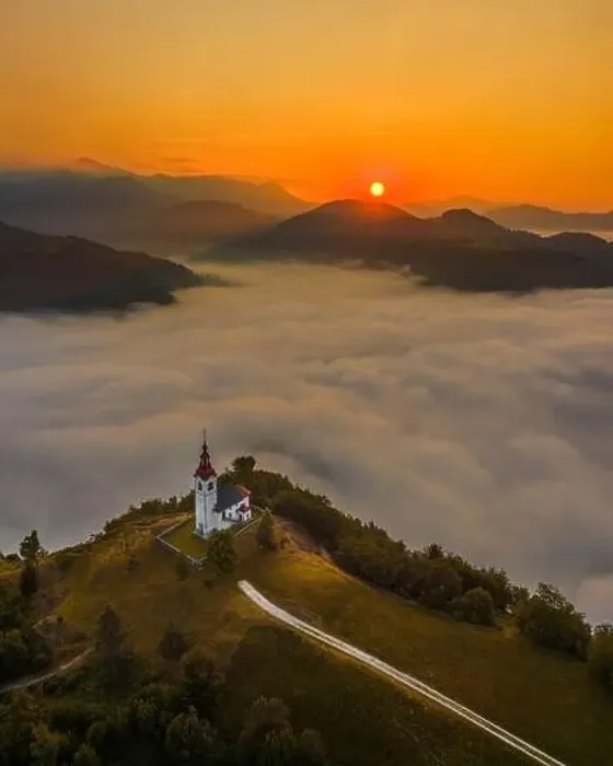 Framed Print : Sebrelje, Slovenia - Aerial drone view of the beautiful hilltop church of St