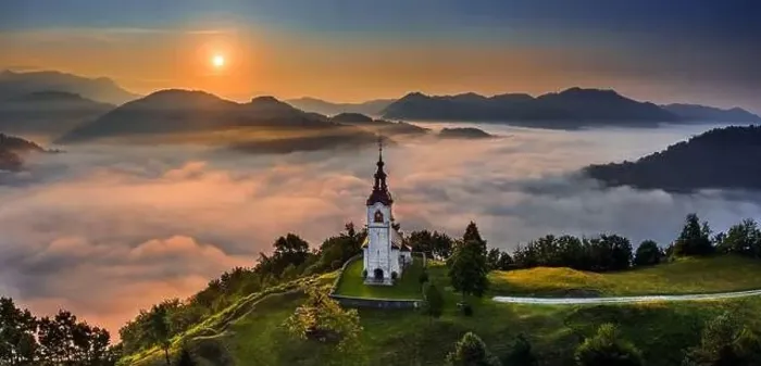 Framed Print : Sebrelje, Slovenia - Aerial panoramic drone view of the beautiful hilltop church of St Framed Print : Sebrelje, Slovenia - Aerial panoramic drone view of the beautiful hilltop church of St