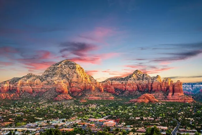 Framed Print : Sedona, Arizona, USA downtown and Coffee Pot Mountain at dusk Framed Print : Sedona, Arizona, USA downtown and Coffee Pot Mountain at dusk