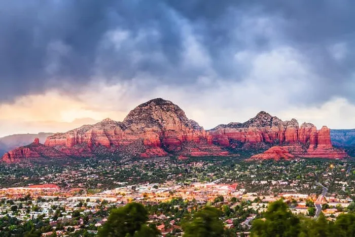 Framed Print : Sedona, Arizona, USA downtown and Coffee Pot Mountain at dusk Framed Print : Sedona, Arizona, USA downtown and Coffee Pot Mountain at dusk