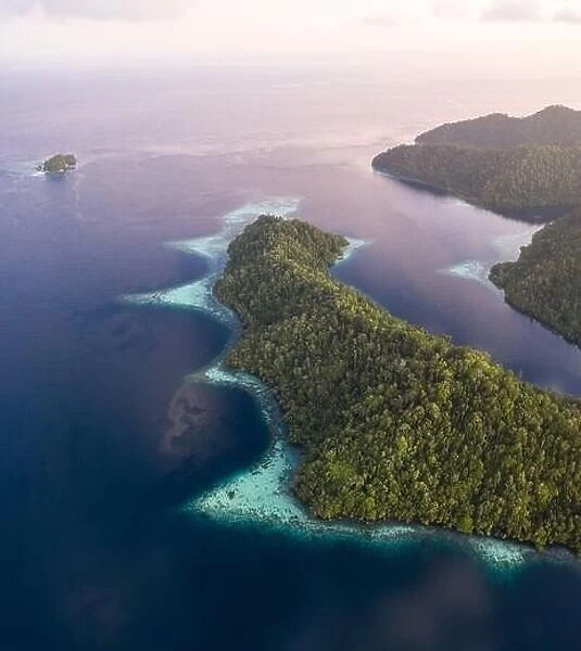Seen from above, the many tropical islands within Raja Ampat, Indonesia, are surrounded by healthy coral reefs and high marine biodiversity