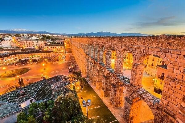 Segovia, Spain town view at Plaza del Azoguejo and the ancient Roman aqueduct