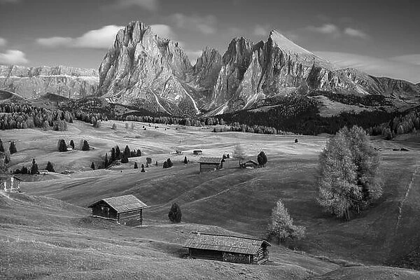 Seiser Alm, Dolomites. Black and white landscape image of Seiser Alm a Dolomite plateau and the largest high-altitude Alpine meadow in Europe