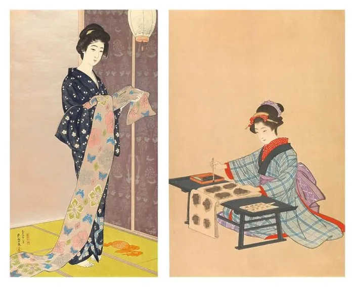 Framed Print : Selection of 2 Japanese painted woodcuts From Left to right: 1 Framed Print : Selection of 2 Japanese painted woodcuts From Left to right: 1