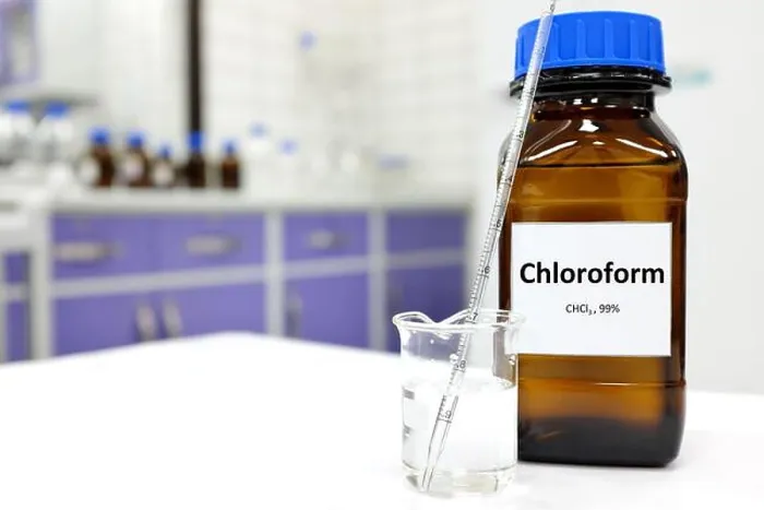 Framed Print : Selective focus of chloroform or trichloromethane liquid chemical in glass amber bottle inside a chemistry laboratory Framed Print : Selective focus of chloroform or trichloromethane liquid chemical in glass amber bottle inside a chemistry laboratory