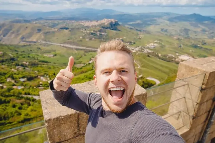 Framed Print : Selfie photo traveler man smiling Castello di lombardia in Enna Sicily, Italy Framed Print : Selfie photo traveler man smiling Castello di lombardia in Enna Sicily, Italy