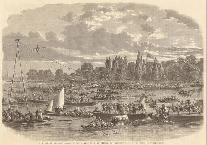 Framed Print : Selina Young crossing the Thames from Battersea to Cremorne on a tight rope 1861 Framed Print : Selina Young crossing the Thames from Battersea to Cremorne on a tight rope 1861
