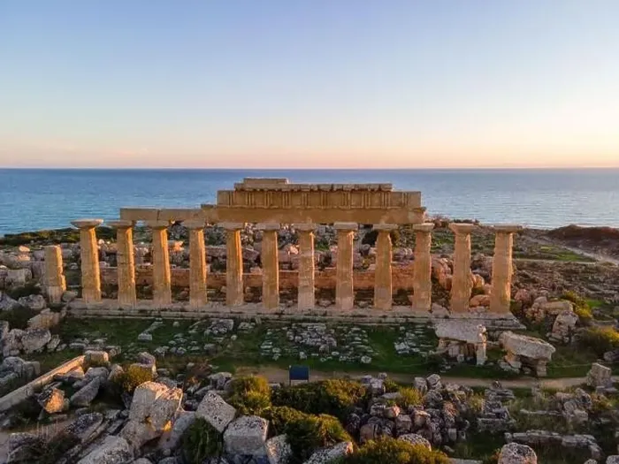 Framed Print : Selinunte, Temple, Sicily, Italy, drone aerial view of the Greek Roman temples during sunset. Sicily Italy