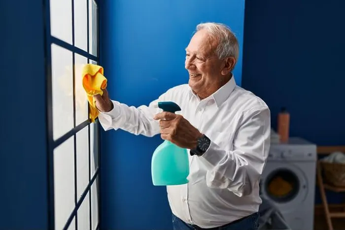 Framed Print : Senior man smiling confident cleaning window at laundry room Framed Print : Senior man smiling confident cleaning window at laundry room