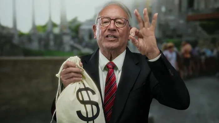 Framed Print : Senior man in suit showing ok gesture holding money bag in ancient roman ruins Framed Print : Senior man in suit showing ok gesture holding money bag in ancient roman ruins