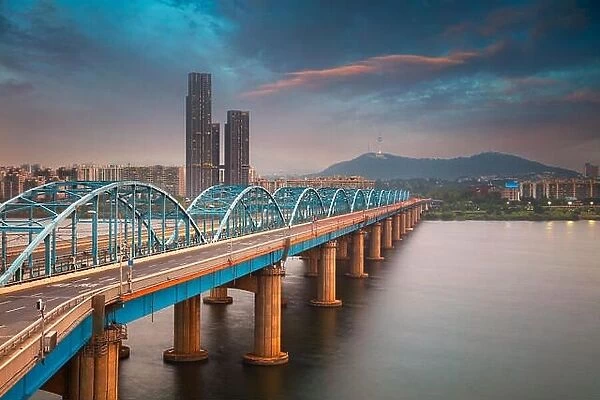 Seoul. Image of Seoul, South Korea with Dongjak Bridge and Hangang river at sunset