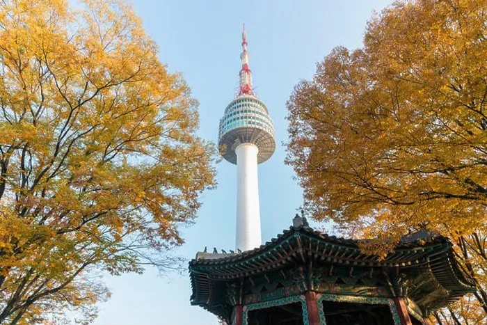 Framed Print : Seoul Tower with yellow and red autumn maple leaves at Namsan mountain in South Korea Framed Print : Seoul Tower with yellow and red autumn maple leaves at Namsan mountain in South Korea