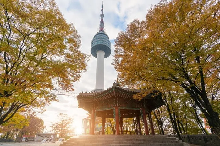 Framed Print : Seoul Tower with yellow and red autumn maple leaves at Namsan mountain in South Korea Framed Print : Seoul Tower with yellow and red autumn maple leaves at Namsan mountain in South Korea