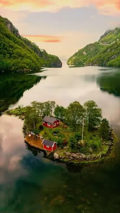 Framed Print : Serene Island Retreat nestled in Norways stunning and breathtaking fjords, captured in a drone view Framed Print : Serene Island Retreat nestled in Norways stunning and breathtaking fjords, captured in a drone view