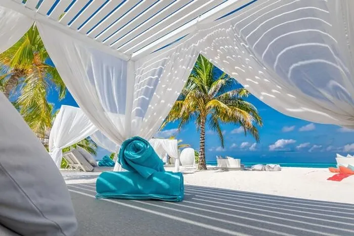 Framed Print : Serenity beach background, luxury beach canopy and travel or summer vacation concept. Serenity beach background, luxury beach canopy and travel summer