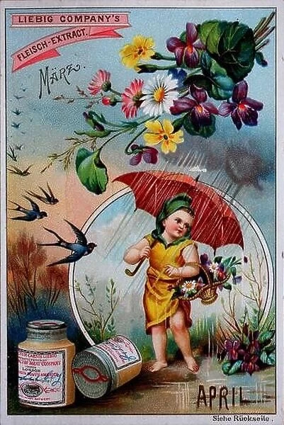 Series months, March and April, little boy standing in the rain with umbrella, April weather