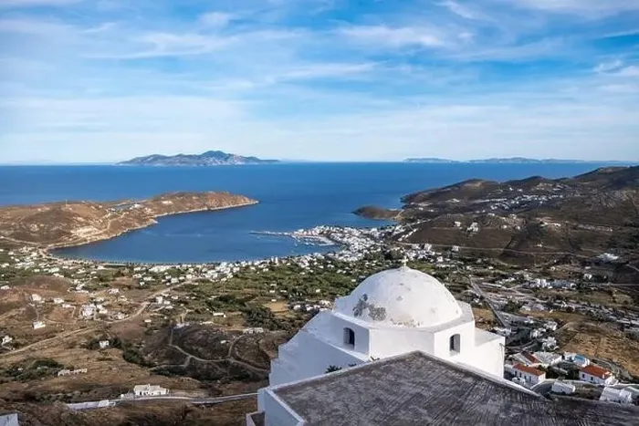 Framed Print : Serifos island, Livadi cityscape and port aerial drone view from Chora town Framed Print : Serifos island, Livadi cityscape and port aerial drone view from Chora town