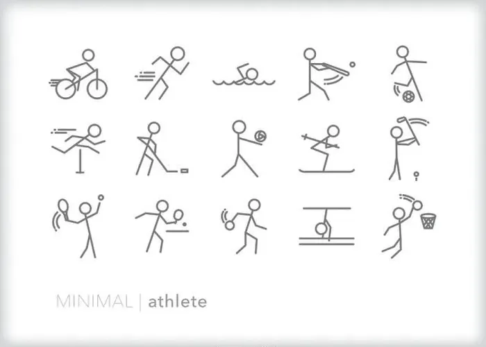 Framed Print : Set of 15 athlete line icons showing stick figures playing various sports with sporting equipment