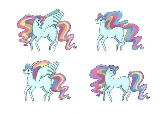 Framed Print : Set of alicorn, unicorn, pegasus and horse with waving rainbow mane and tail. Vector illustration in cartoon style Framed Print : Set of alicorn, unicorn, pegasus and horse with waving rainbow mane and tail. Vector illustration in cartoon style