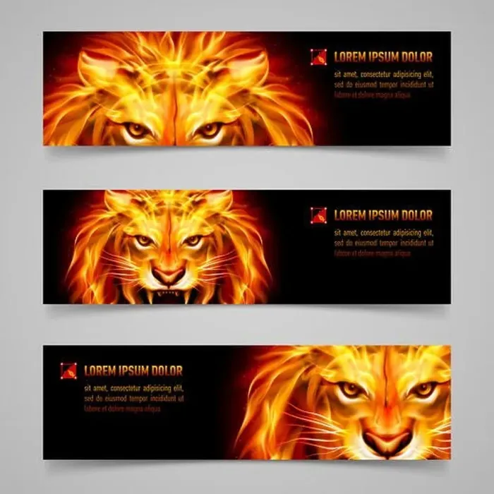 Framed Print : Set of banners with mystic lion in orange flame Framed Print : Set of banners with mystic lion in orange flame