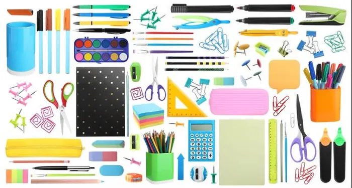 Framed Print : Set of bright school stationery on white background. Banner design Framed Print : Set of bright school stationery on white background. Banner design