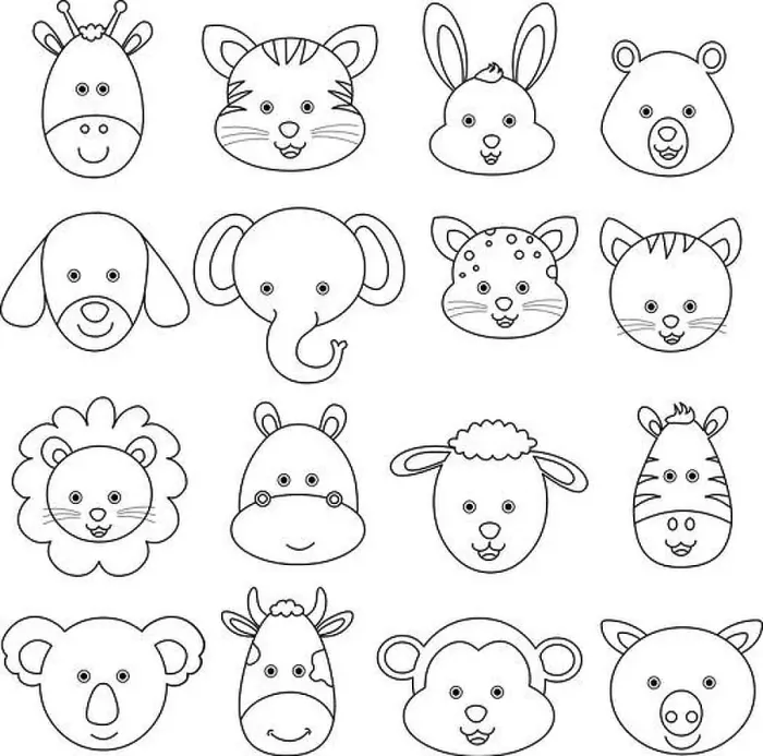 Framed Print : Set of cartoon animal face vector illustration, black line drawing on white abckground Framed Print : Set of cartoon animal face vector illustration, black line drawing on white abckground