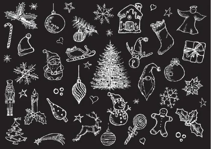 Framed Print : Set of Christmas icons on black background freehand drawn