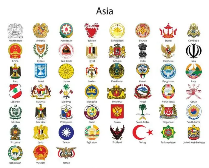 Framed Print : Set Coat of arms of the countries of Asia, All Asian regions emblem collection Framed Print : Set Coat of arms of the countries of Asia, All Asian regions emblem collection