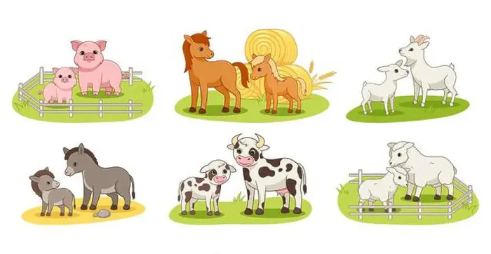 Framed Print : Set with domestic animals and their babies Framed Print : Set with domestic animals and their babies