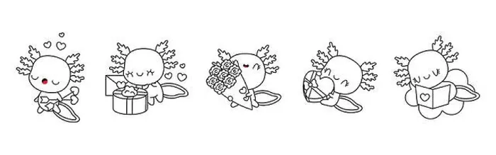 Framed Print : Set of Kawaii Axolotl Coloring Page. Collection of Cute Vector Salamander Outline Illustrations