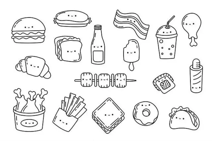 Framed Print : Set Kawaii Sticker Fast Food Coloring Page. Collection Cute Kawaii Fast Food Illustrations Outline Framed Print : Set Kawaii Sticker Fast Food Coloring Page. Collection Cute Kawaii Fast Food Illustrations Outline