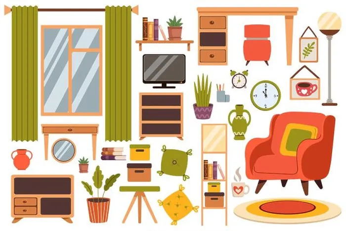 Framed Print : Set of living room furniture in a flat style Framed Print : Set of living room furniture in a flat style
