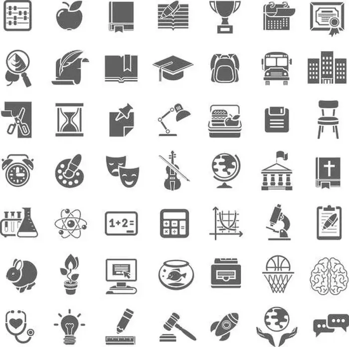 Framed Print : Set of plain monochrome silhouette vector icons of school subjects, education and science symbols