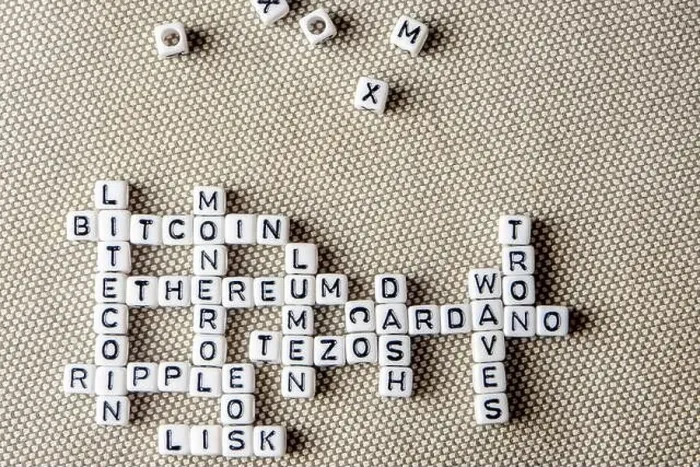 Framed Print : set of popular crypto coins words forming thematical crossword made of white cubes with black capital letters Framed Print : set of popular crypto coins words forming thematical crossword made of white cubes with black capital letters