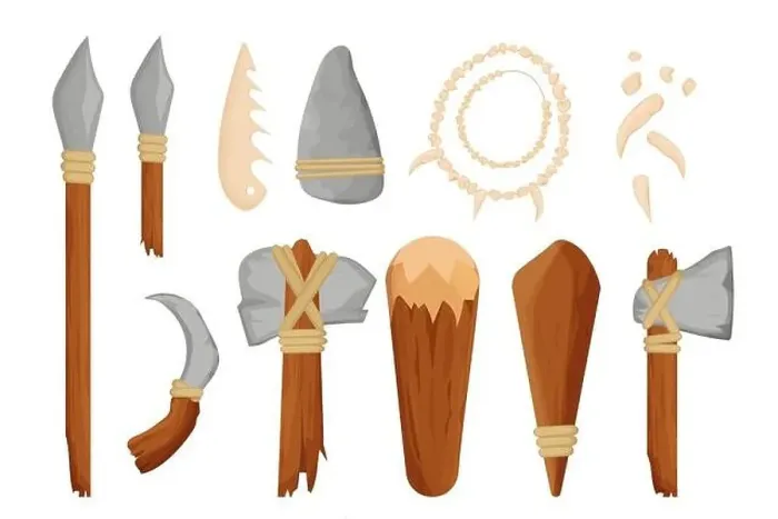 Framed Print : Set of stone age tools, weapon detailed in cartoon style Framed Print : Set of stone age tools, weapon detailed in cartoon style