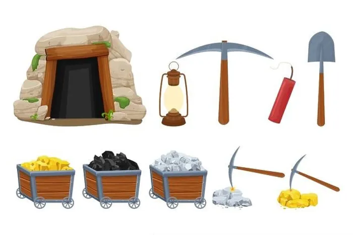 Framed Print : Set mine tools, equipment in cartoon style isolated on white background. Wooden cart with gold, silver, coal ore, tunnel entrance, retro lamp, pickaxe Framed Print : Set mine tools, equipment in cartoon style isolated on white background. Wooden cart with gold, silver, coal ore, tunnel entrance, retro lamp, pickaxe