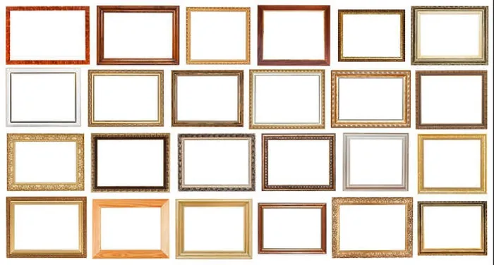 Framed Print : set of vintage wide wooden picture frames with cut out canvas isolated on white background