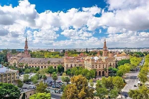 Seville, Spain cityscape with Plaza de Espana buildings