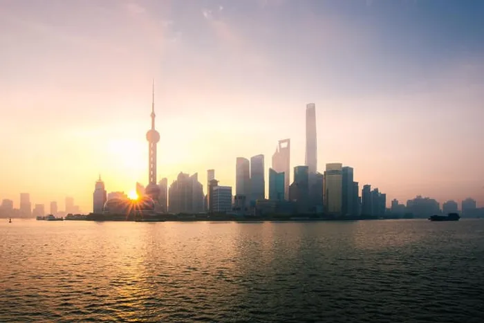 Framed Print : Shanghai, China city skyline during sunrise on the Huangpu River
